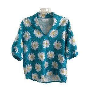 EUC Brooke Wright Tuckernuck Blue Daisy Flower 🌼 Linen Cotton Blend Top Size M